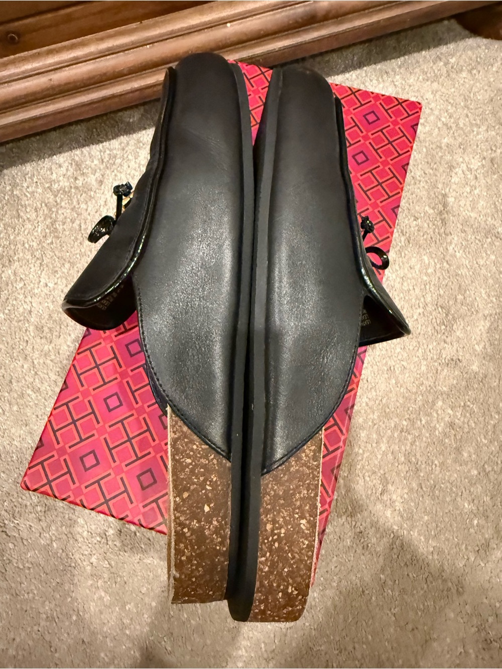 Tory Burch Black Leather Slip-On Mules with Gold Logo Accents - Picture 4 of 5